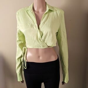 Zara Lime Green Crop Wrap Top with Notched Collar, Women's Medium